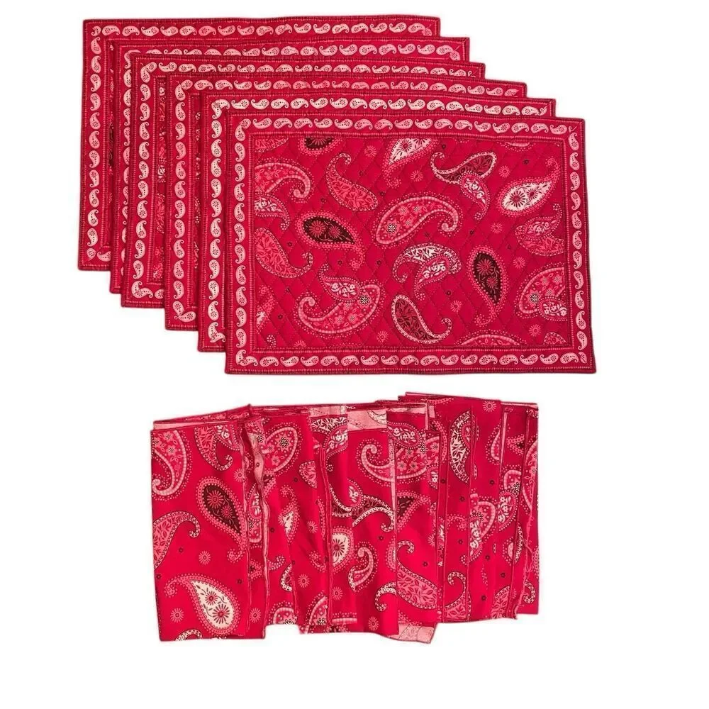 Vera Bradley Mesa Red Set 6 Quilted Placemats and 9 Napkins Paisley Print